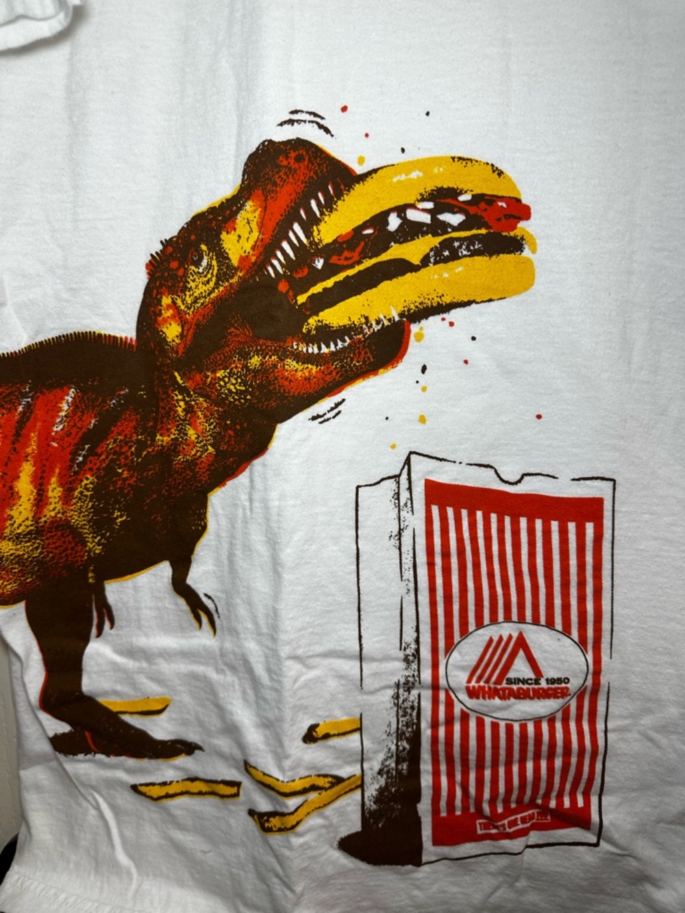 Whataburger White Graphic T-Shirt with Dinosaur & Fries
